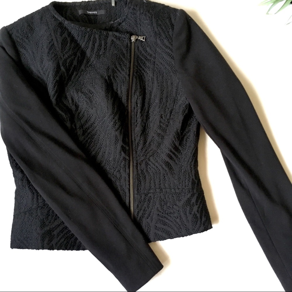 Tahari• Black Moto Style Blazer Textured Coat